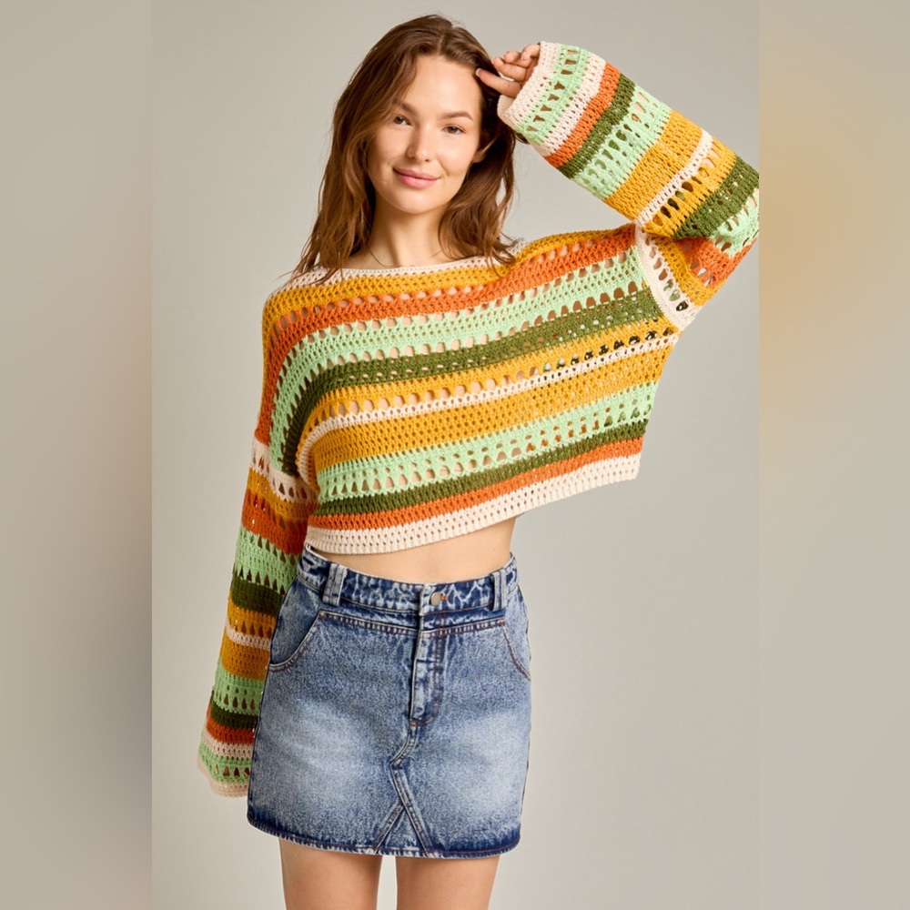 Multicolor Striped Crochet Knit Sweater Top